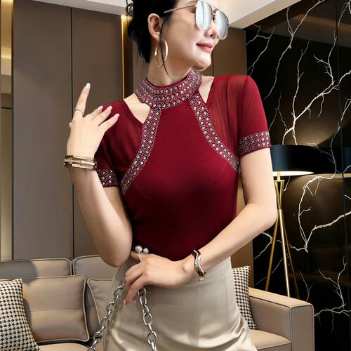 性感镂空网纱拼接T恤女短袖夏装小众设计感烫钻上衣气质显瘦小衫
