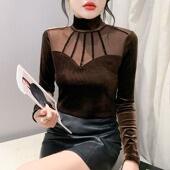 丝绒打底衫 女秋冬2024欧货性感镂空网纱拼接上衣高领内搭长袖 T恤