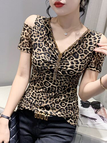 豹纹网纱女性感露短袖时尚钉珠