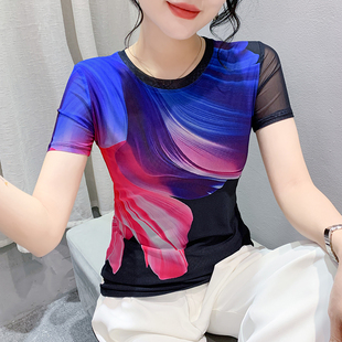 欧洲站夏季新款时尚印花短袖t恤女冰丝网纱修身洋气显瘦半袖上衣
