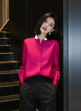 长袖衬衫女2026春季新款韩版宽松小翻领拼接上衣洋气减龄打底衬衣