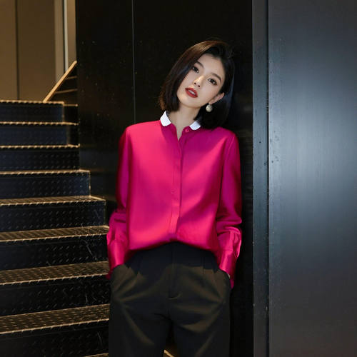 长袖衬衫女2026春季新款韩版宽松小翻领拼接上衣洋气减龄打底衬衣