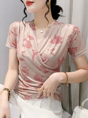 短袖街头常规印花网纱t恤女夏