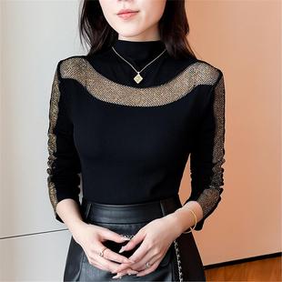 加厚磨毛打底衫 t恤 女秋冬性感镂空重工烫钻上衣高领内搭保暖长袖