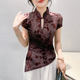 时尚 不规则体恤 T恤修身 减龄植绒印花上衣女夏装 性感深V领网纱短袖
