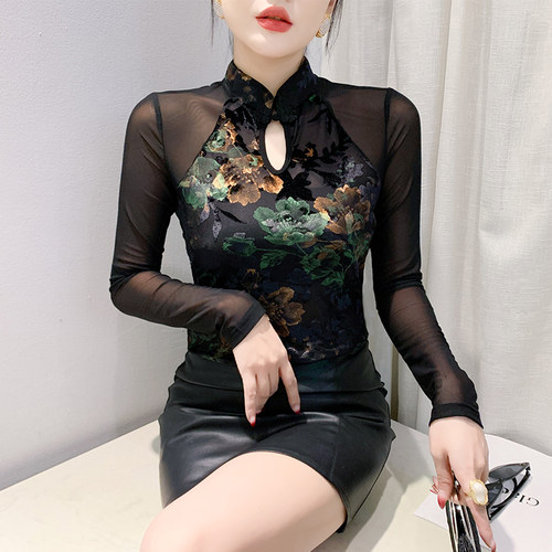 新中式国风盘扣上衣女秋性感镂空植绒印花打底衫修身网纱长袖T恤
