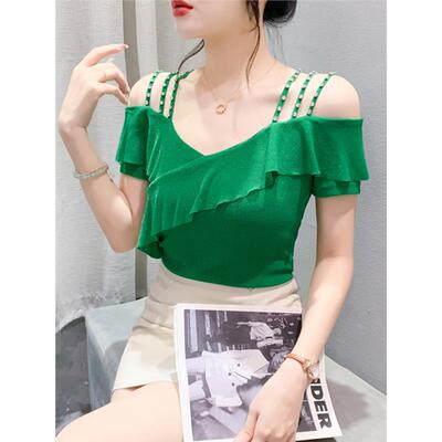 设计感荷叶边钉珠上衣女性感一字领露肩短袖T恤洋气吊带网纱小衫