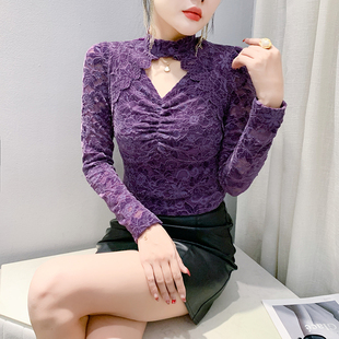 内搭上衣洋气小衫 植绒网纱打底衫 修身 女秋冬性感镂空蕾丝衫 女长袖