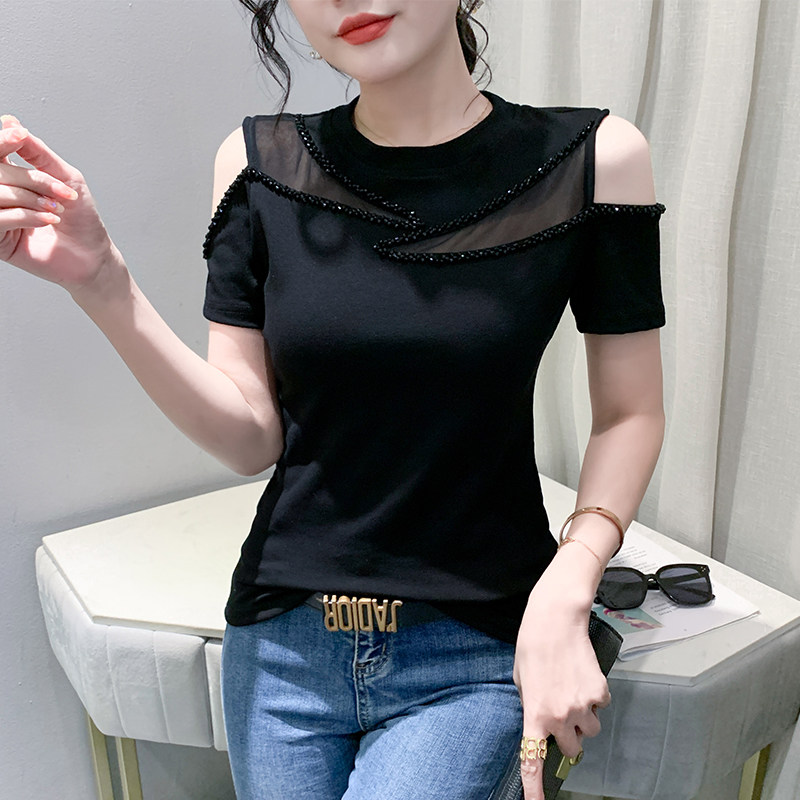 性感露肩钉珠T恤女短袖欧货洋气网纱拼接上衣修身显瘦半袖小衫夏,女装/女士精品,T恤,淘宝优惠券,粉丝福利购,淘宝优惠卷