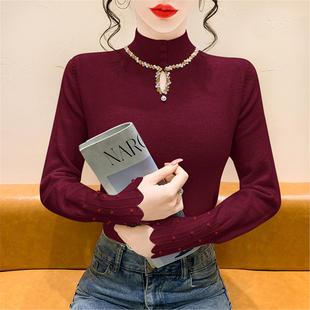 高领毛衣打底衫女秋冬洋气设计感镂空重工钉珠针织衫长袖内搭上衣