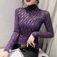 女秋冬2024新款 性感气质修身 T恤长袖 网纱高领打底衫 时尚 钉珠上衣