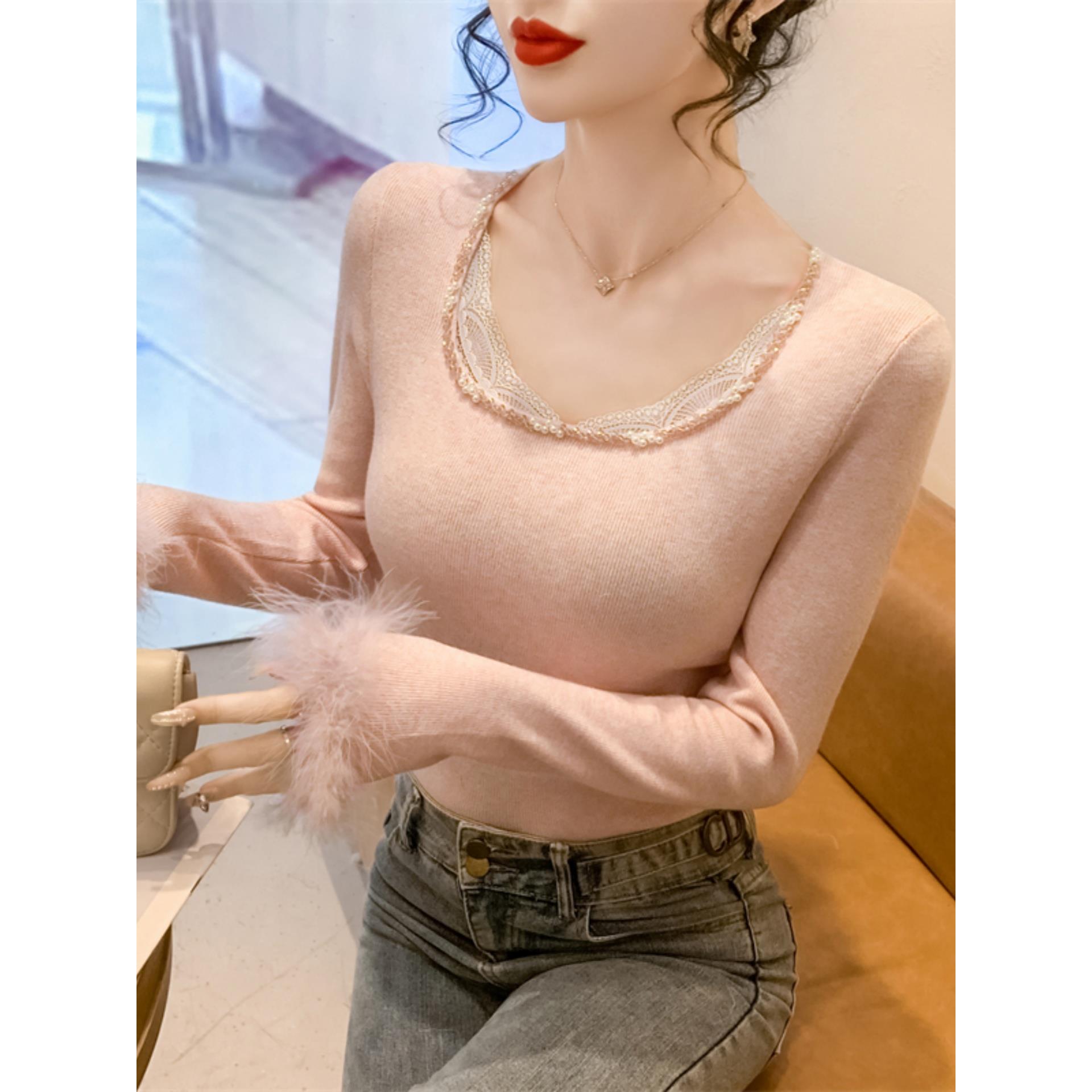 毛毛袖拼接针织打底衫女秋冬设计感重工钉珠上衣长袖洋气内搭毛衣