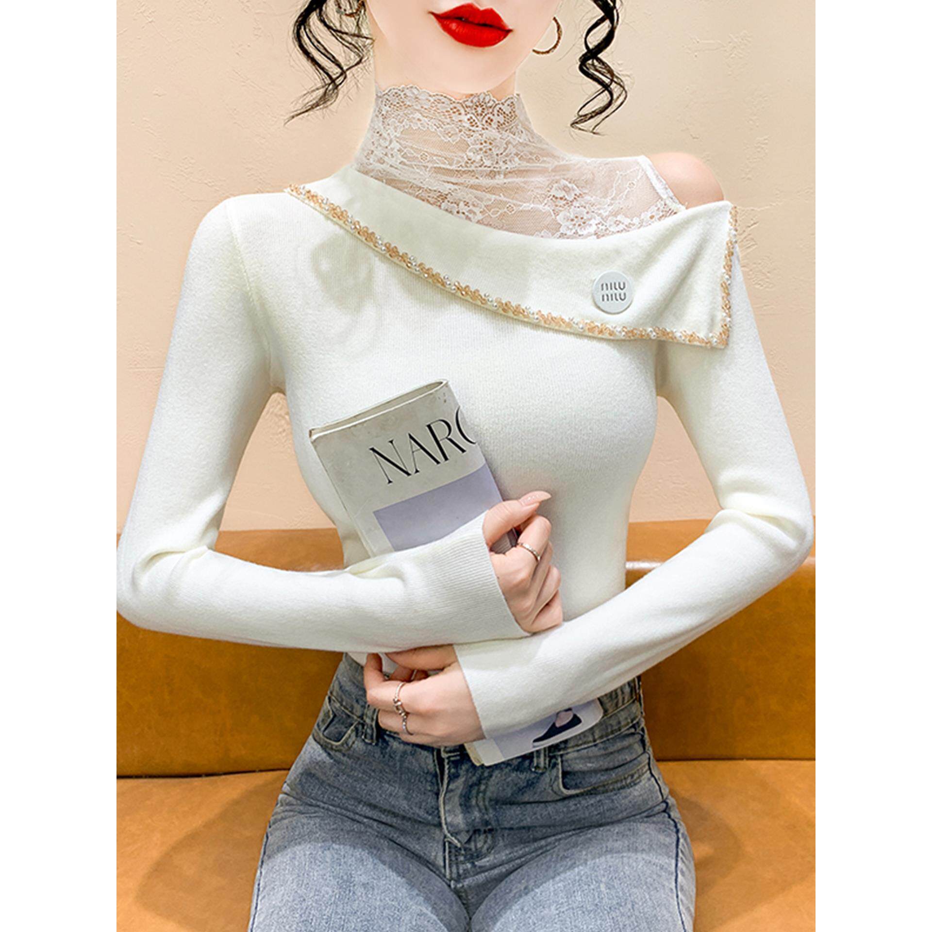 露肩蕾丝拼接半高领钉珠针织衫女秋冬修身时尚长袖打底衫内搭上衣,女装/女士精品,毛针织衫,淘宝优惠券,粉丝福利购,淘宝优惠卷