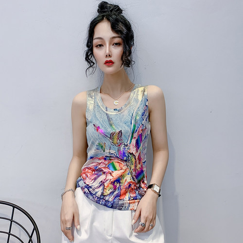 欧洲站印花背心女性感烫金花色