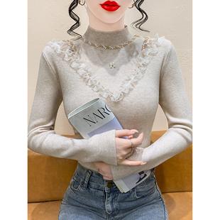 蕾丝花边拼接镂空钉珠针织衫女秋冬内搭半高领毛衣打底衫修身上衣