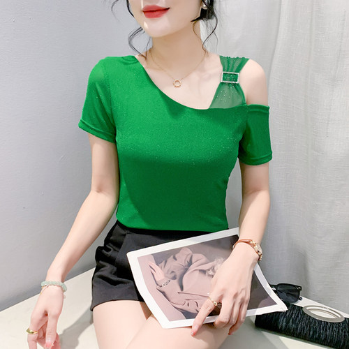 性感露肩锁骨上衣女夏装设计感斜领烫钻短袖t恤气质百搭网纱小衫
