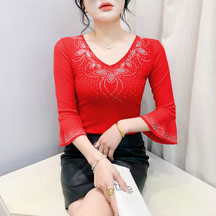 欧货烫钻V领T恤女七分袖设计感喇叭袖网纱上衣修身显瘦洋气小衫夏