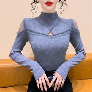 半高领打底衫 女秋冬修身 毛衣上衣 针织衫 气质镂空钉珠网纱拼接长袖
