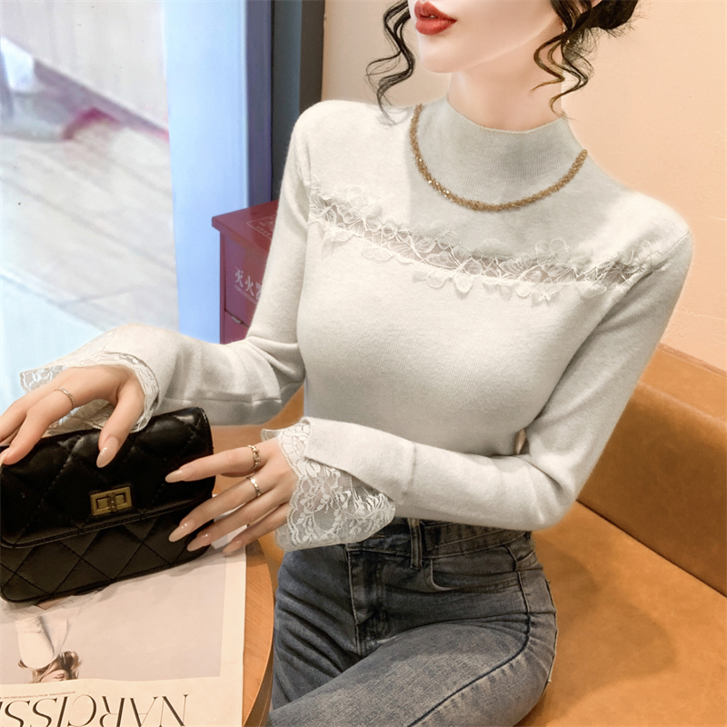 气质蕾丝拼接针织打底衫女秋冬洋气镂空钉钻上衣长袖修身内搭毛衣