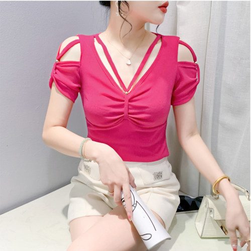 夏季性感露肩网纱镂空V领修身上衣设计感女短袖T恤可调节带小衫潮