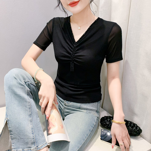 欧洲站夏季气质百搭V领短袖T恤女时尚设计感钉珠洋气修身网纱上衣