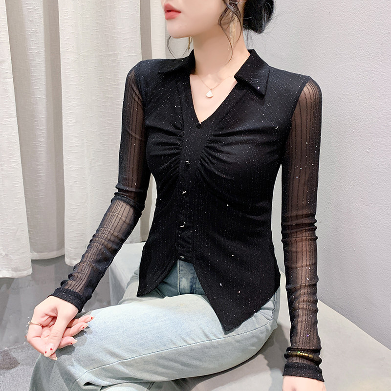 性感V领透视网纱上衣女春秋装欧货下摆开叉长袖t恤紧身内搭打底衫