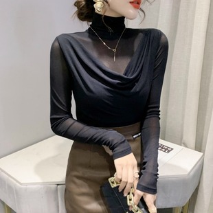 加绒加厚高领打底衫 T恤紧身内搭上衣 女秋冬欧货洋气黑色网纱长袖