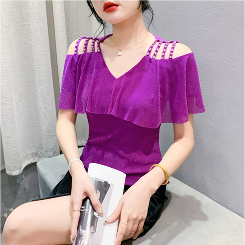 时尚镂空网纱T恤女短袖夏装性感露肩小衫烫钻荷叶边修身上衣体恤