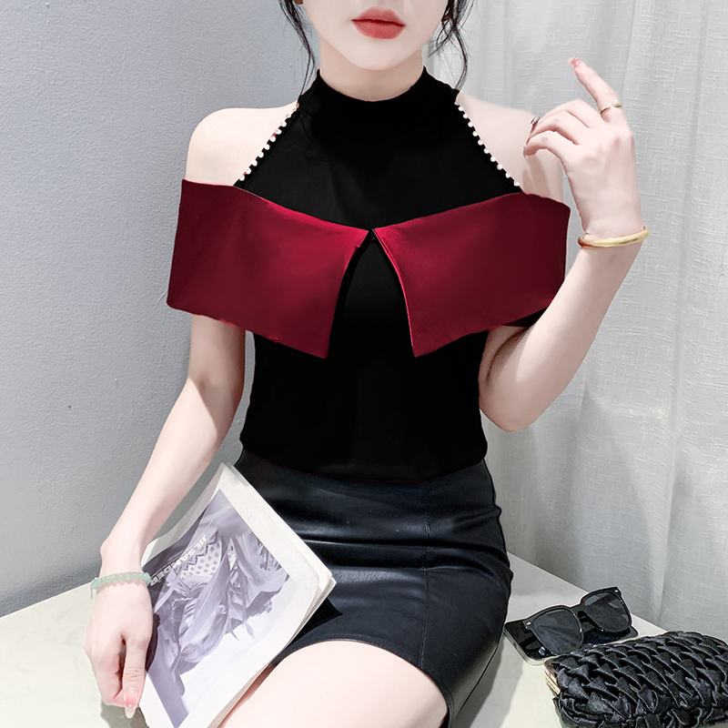 夏季新款别致拼接荷叶边烫钻短袖T恤女百搭洋气显瘦网纱露肩上衣