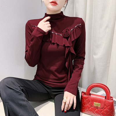 加厚磨毛打底衫女秋冬洋气设计感荷叶边钉珠上衣高领内搭长袖t恤