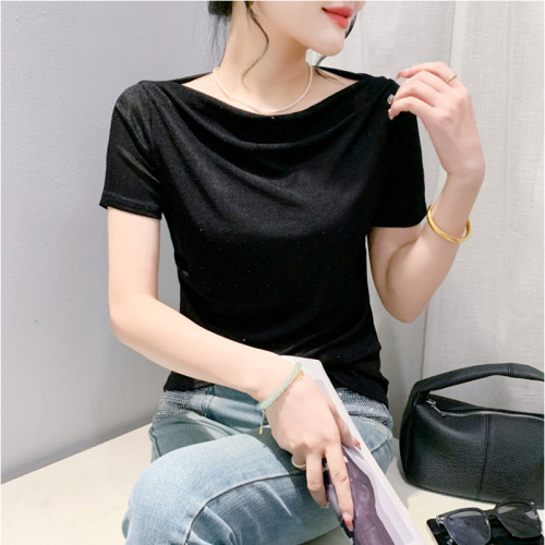性感一字领弹力网纱T恤女夏季时尚气质烫钻短袖洋气显瘦小衫上衣