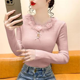 甜美温柔风立体花朵毛领针织衫 女秋冬镂空蝴蝶结钉珠毛衣打底上衣