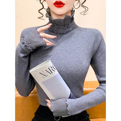 法式气质蕾丝拼接高领钉钻针织衫女秋冬新款修身显瘦打底毛衣上衣