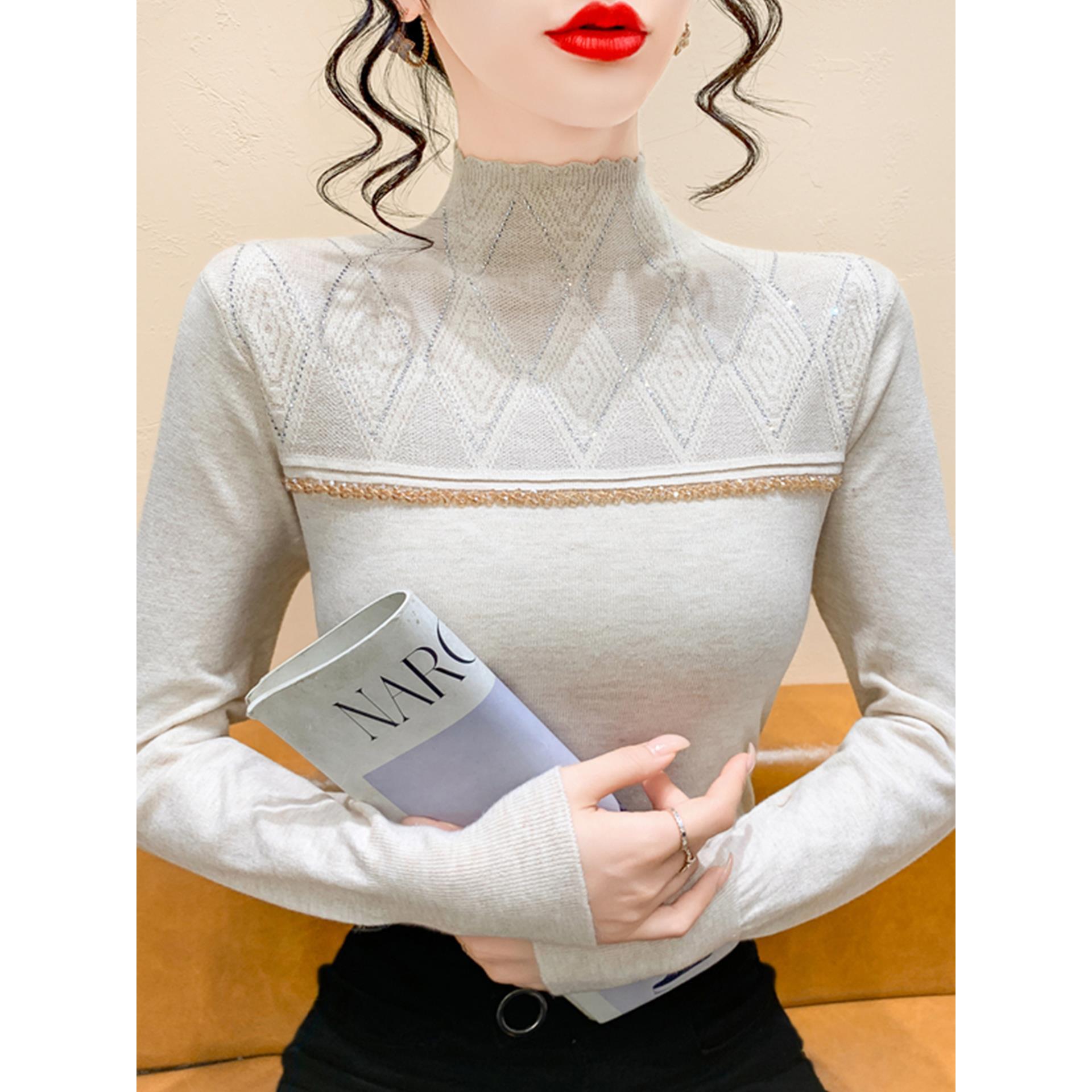 覆古菱格烫钻半高领长袖针织衫女秋冬内搭打底毛衣修身高级感上衣