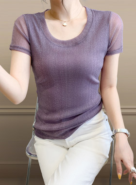 冰丝短袖t恤女2025新款夏季欧货亮丝网纱上衣洋气百搭显瘦小衫潮