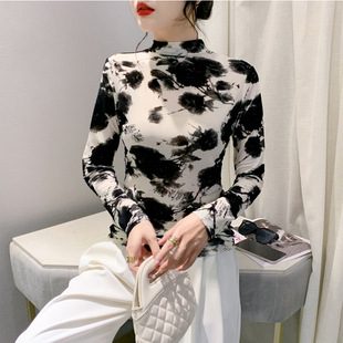 T恤 长袖 复古印花网纱打底衫 女春秋内搭洋气半高领上衣设计感修身