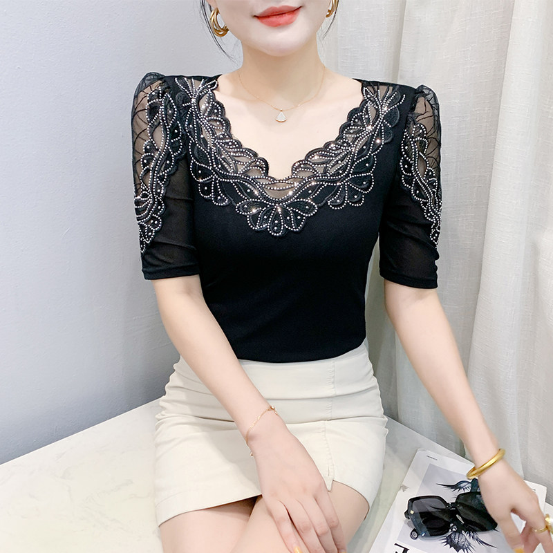 欧货小衫女夏季新款性感V领闪钻短袖T恤气质网纱花边紧身显瘦上衣