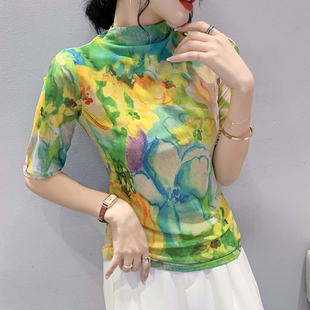 半高领打底衫女中袖早秋2024新款扎染印花网纱T恤ins修身百搭上衣