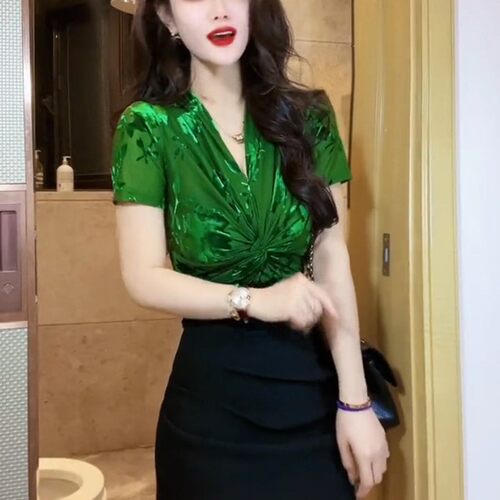 短袖弹力网纱性感上衣时尚洋气