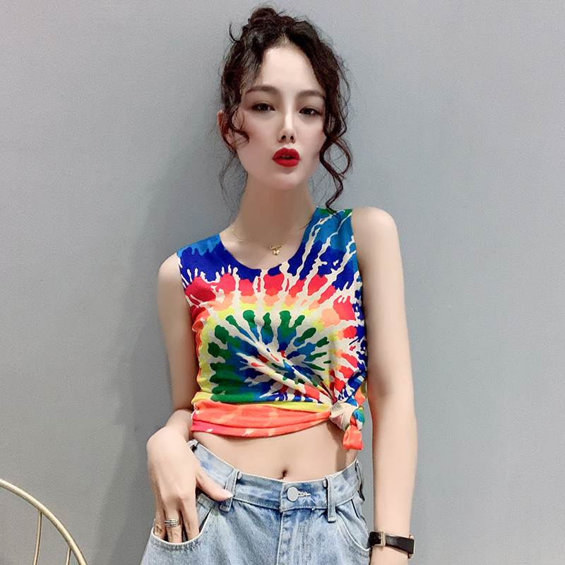 欧洲站2024夏装新款时尚短款印花背心无袖打底衫女花色半袖t恤潮T