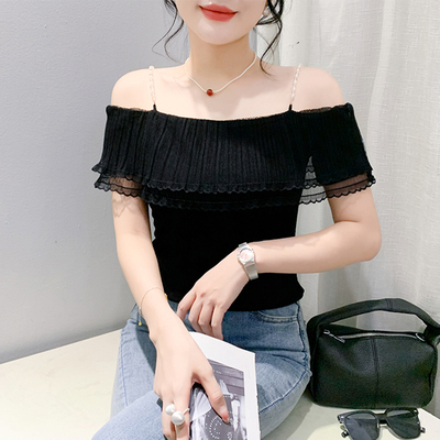 欧货辣妹小衫女夏气质一字领露肩荷叶边上衣修身网纱拼接短袖T恤