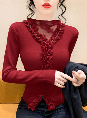 重工钉钻假两件针织打底衫女秋冬新款木耳边绝美巨好看红色毛衣女