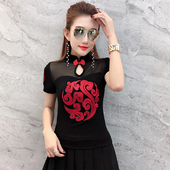 中国风祥云绣花拼接网纱短袖 欧洲站2024夏季 新款 盘扣立领镂空T恤