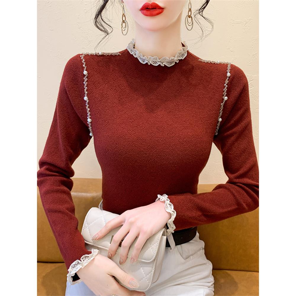 气质蕾丝边半高领针织打底衫女秋冬2025新款秋装洋气钉钻长袖毛衣