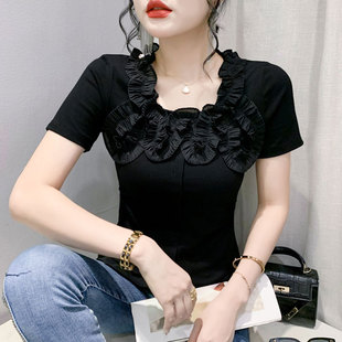 体恤心机打底上衣 小众设计感洋气显瘦修身 蕾丝花边t恤女短袖 夏装