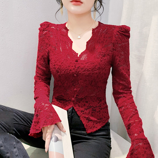 性感V领蕾丝打底衫女长袖秋冬装时髦泡泡袖开叉上衣紧身内搭小衫