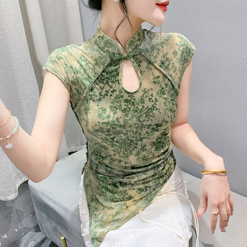 新中式盘扣网纱短袖T恤女夏季修身设计感不规则纽扣开叉显瘦上衣