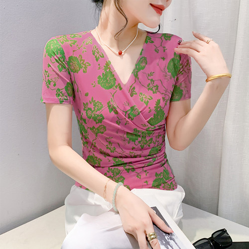 性感V领小衫女2024新款时尚印花短袖T恤洋气修身冰丝网纱上衣夏装