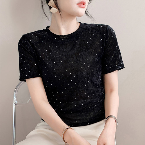 性感微透短袖t恤女夏季欧货设计感重工烫钻上衣修身显瘦洋气小衫