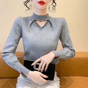 半高领钉珠镂空毛衣女秋秋款2025新款秋装内搭上衣针织打底衫穿搭